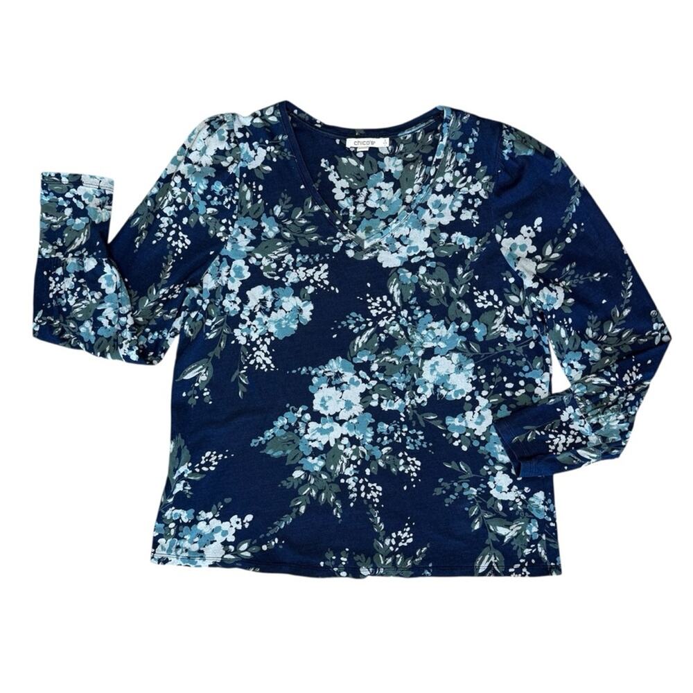 CHICO’S Women’s Navy Teal Gray V-Neck Long Sleeve Floral Top